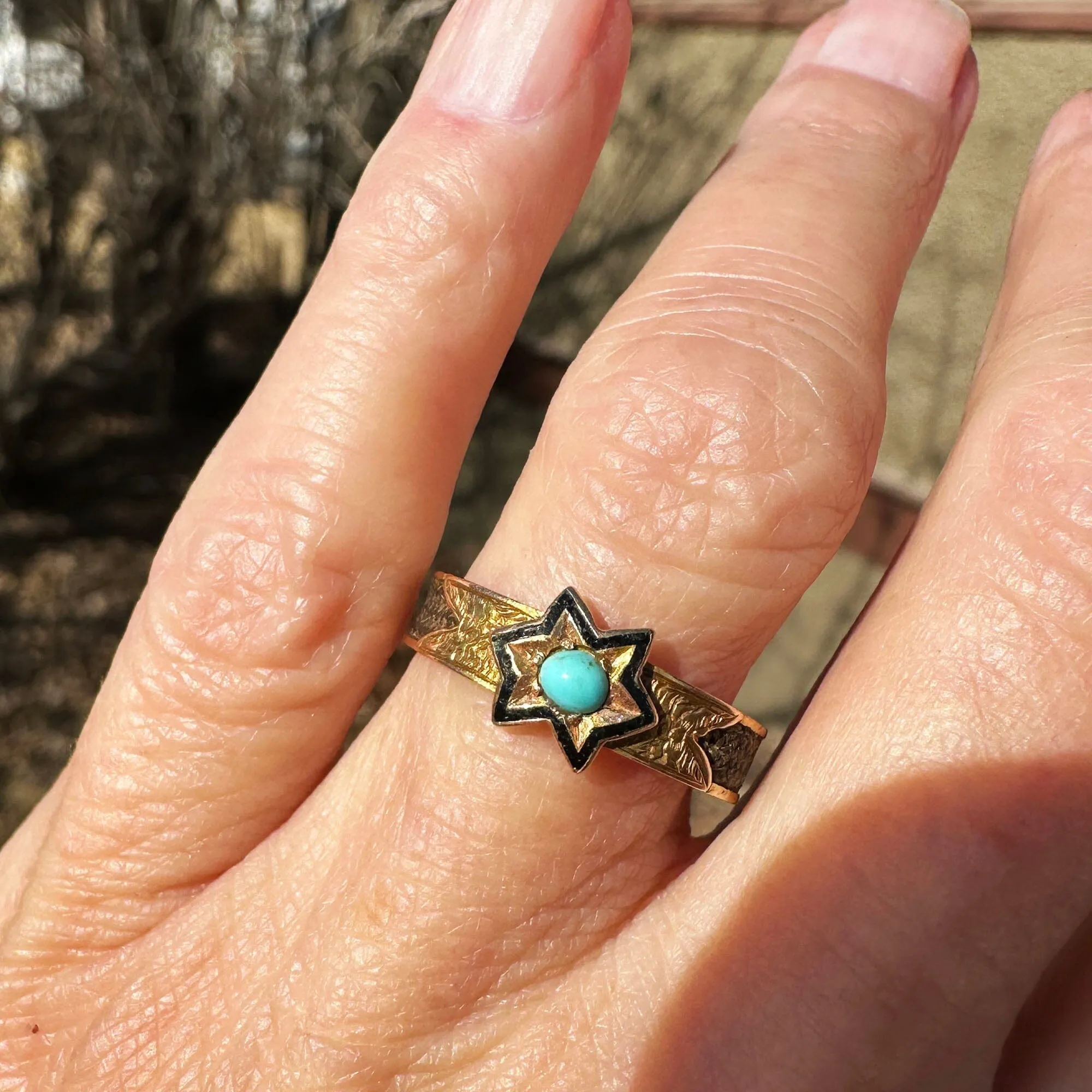 Antique Victorian 14K Gold Turquoise Star Ring Band, Mourning Jewelry