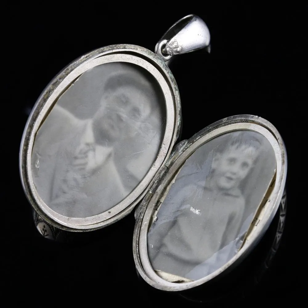 Antique Victorian Silver Locket Bird Motifs Circa 1880