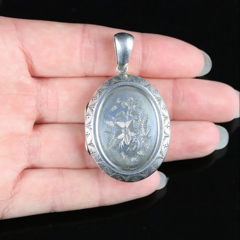 Antique Victorian Silver Locket Bird Motifs Circa 1880