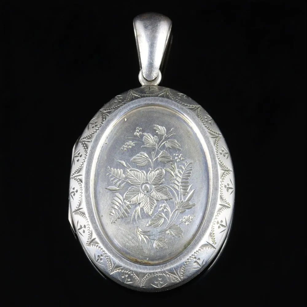 Antique Victorian Silver Locket Bird Motifs Circa 1880