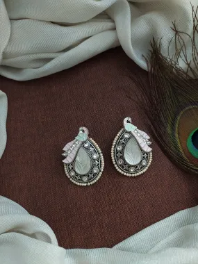 Artisan-Crafted Oxidized Peacock Stud Earrings with Quartz Stones