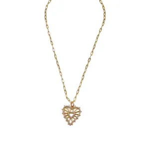 Ashley Gold Stainless Steel Open Lace Heart CZ Drop Necklace