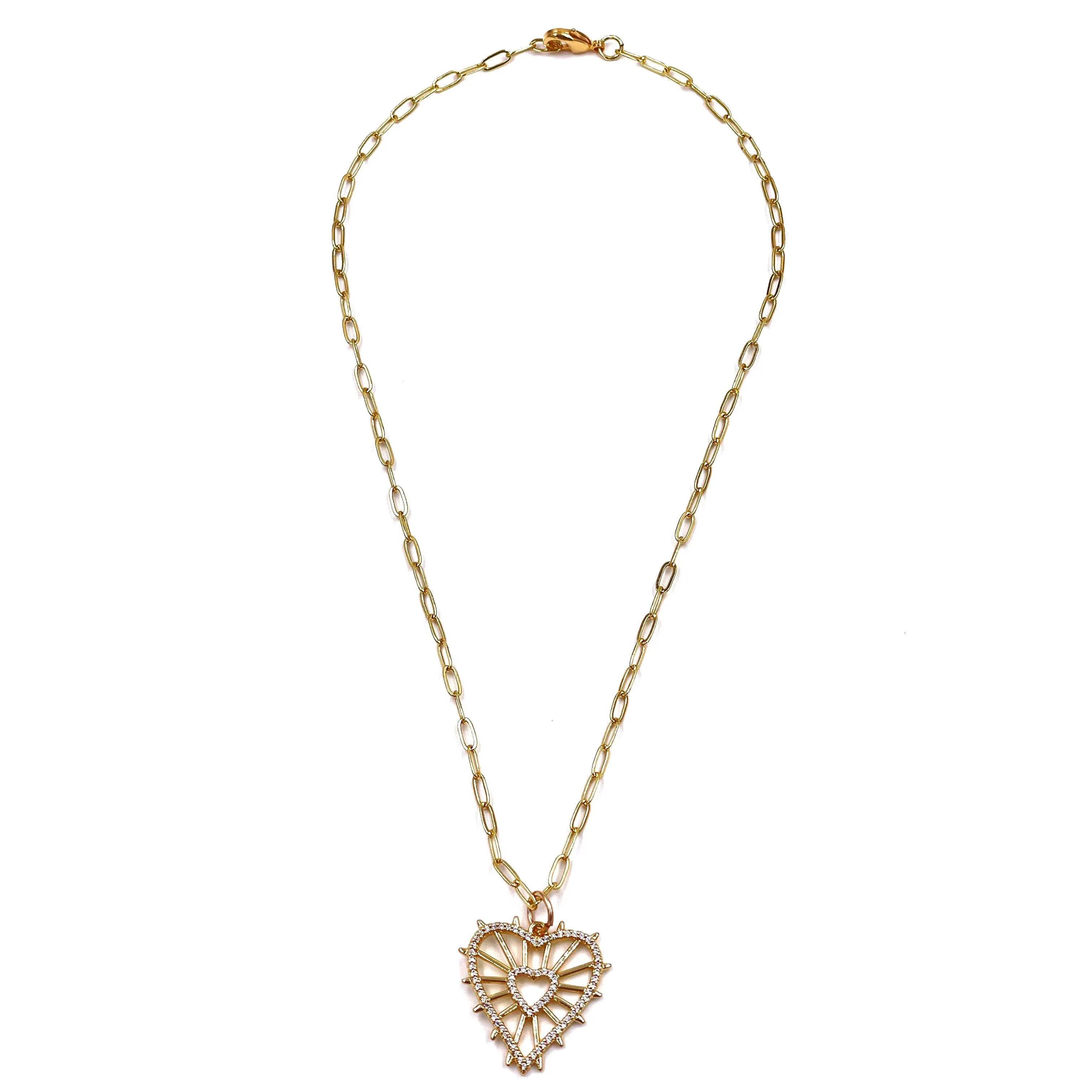 Ashley Gold Stainless Steel Open Lace Heart CZ Drop Necklace