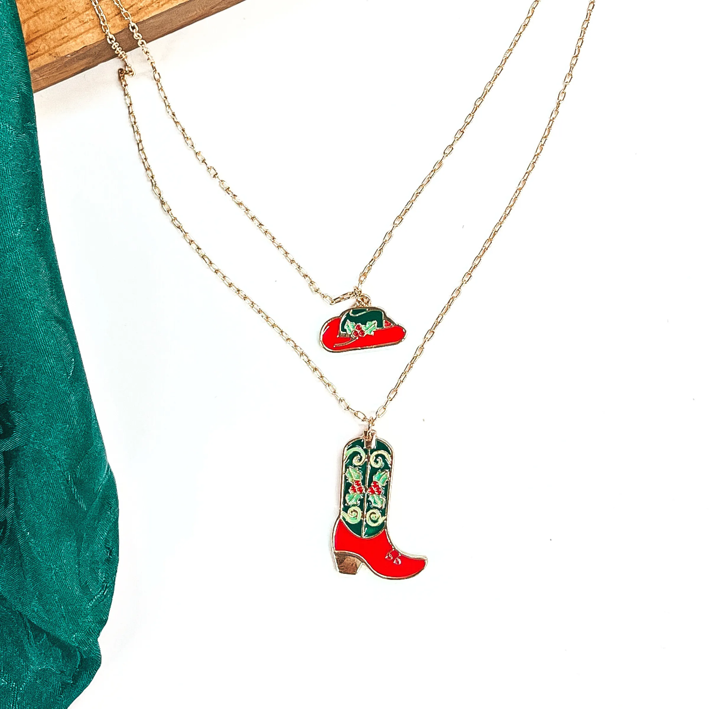 Away For The Winter Double Strand Gold Tone Necklace with Hat and Boot Mistletoe Print Pendant in Red and Green