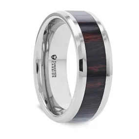 AZTEC | Silver Tungsten Ring, Mahogany Wood Inlay, Beveled