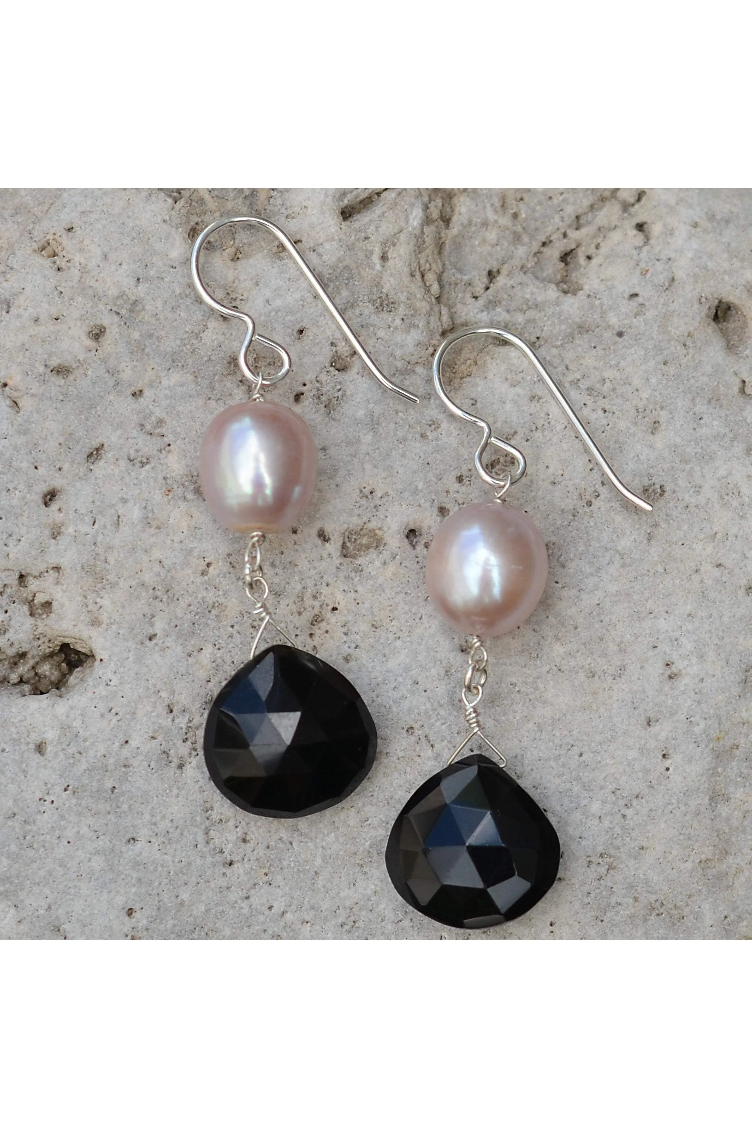 Black Onyx, Pearl Black and White Dangle Earrings