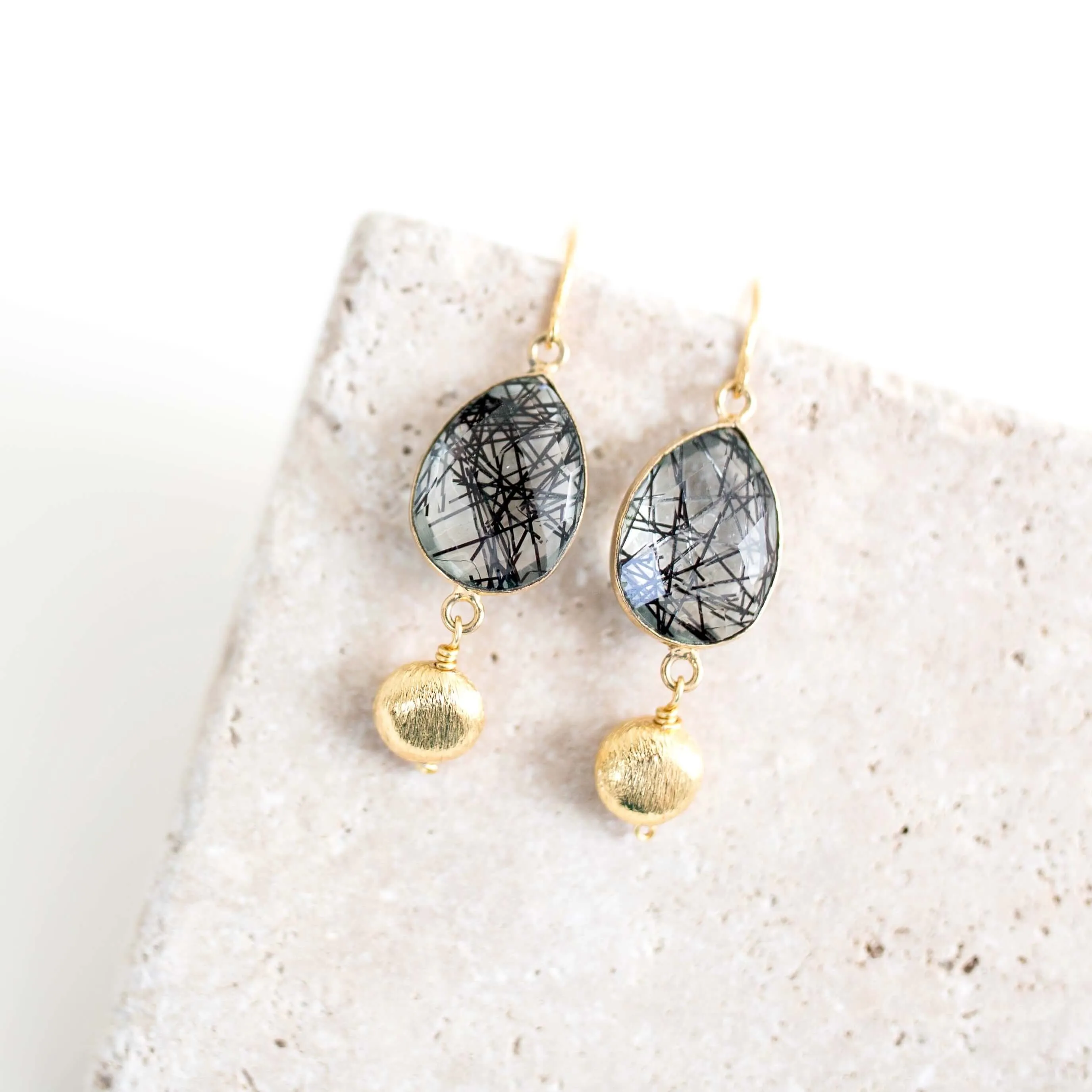 Black Rutilated Quartz Bezel Earrings