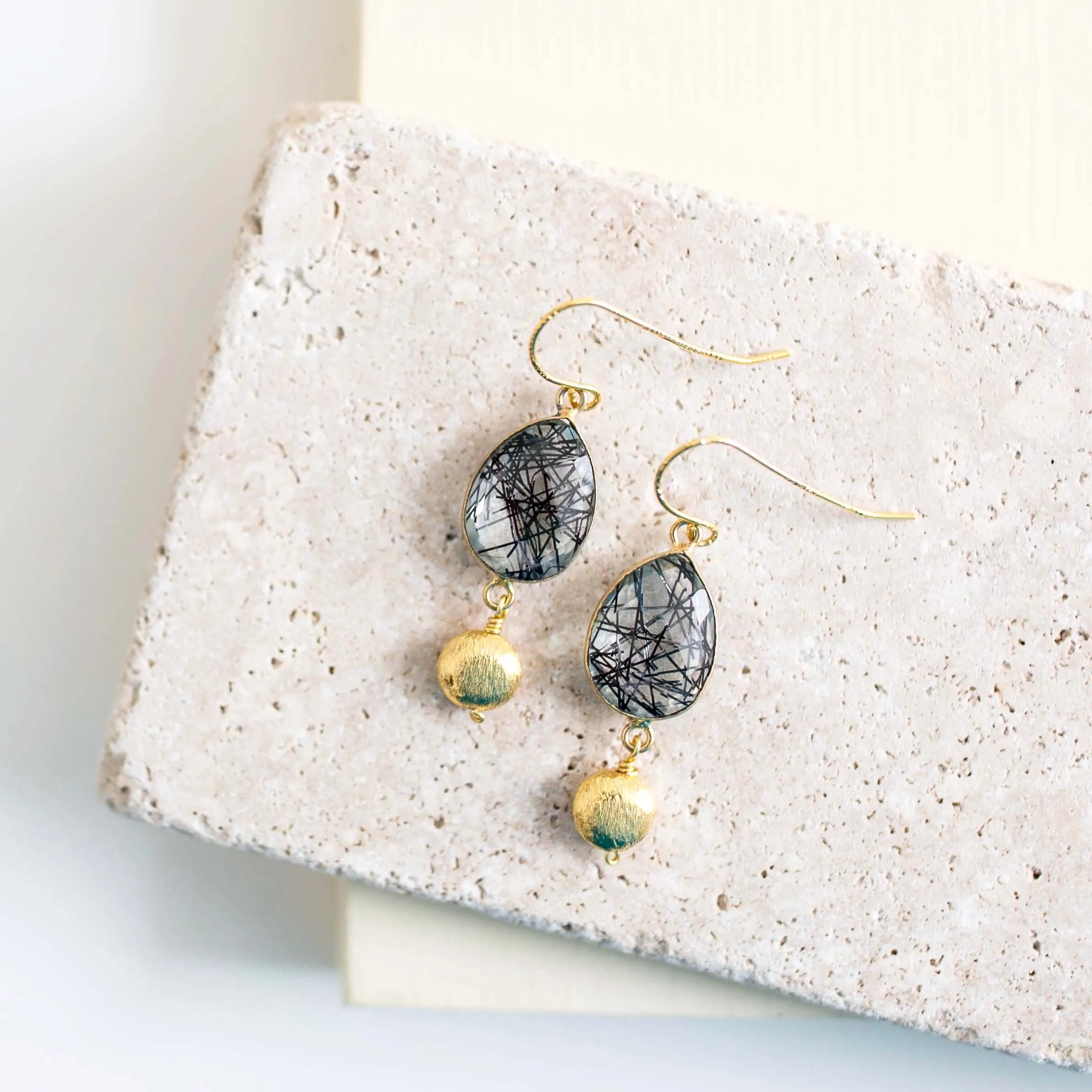 Black Rutilated Quartz Bezel Earrings