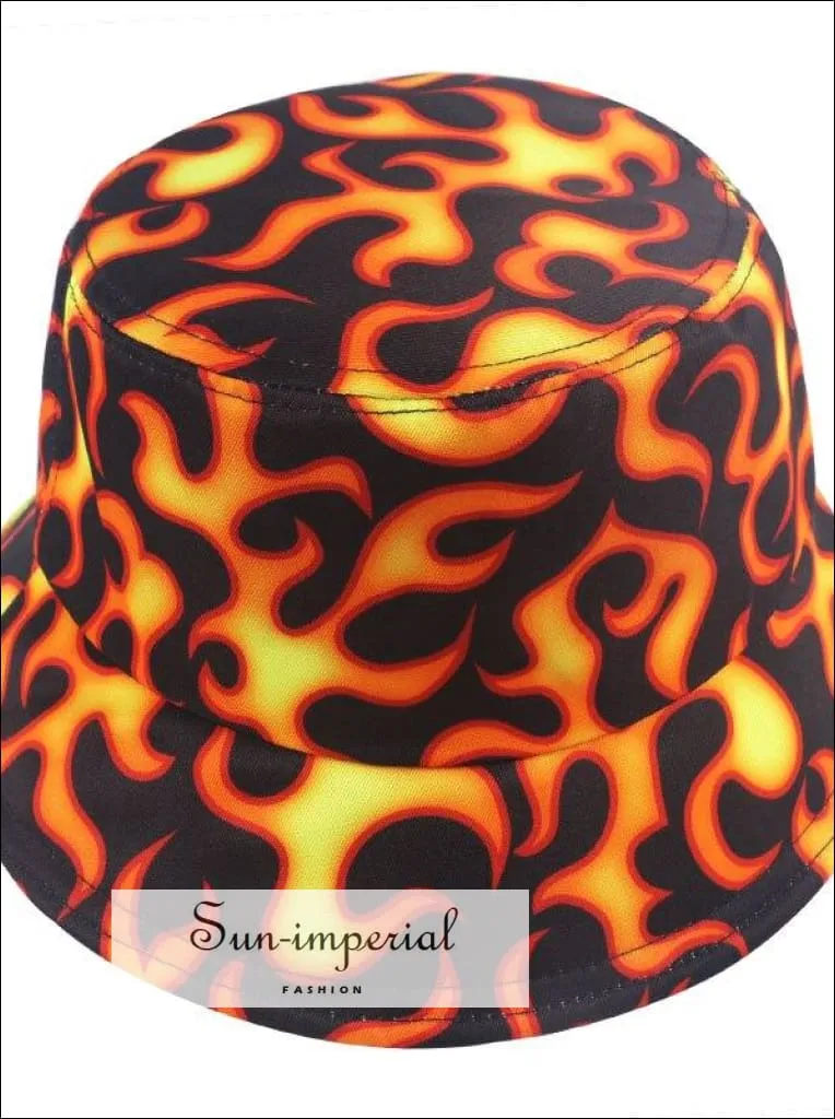 Black with Flame Print Reversible Black White Cow Pattern Women Bucket Hat