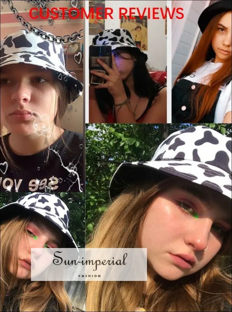 Black with Flame Print Reversible Black White Cow Pattern Women Bucket Hat