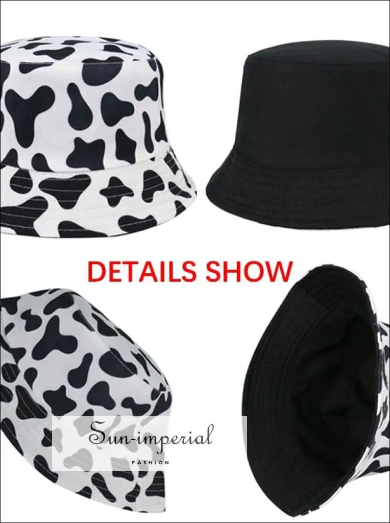 Black with Flame Print Reversible Black White Cow Pattern Women Bucket Hat