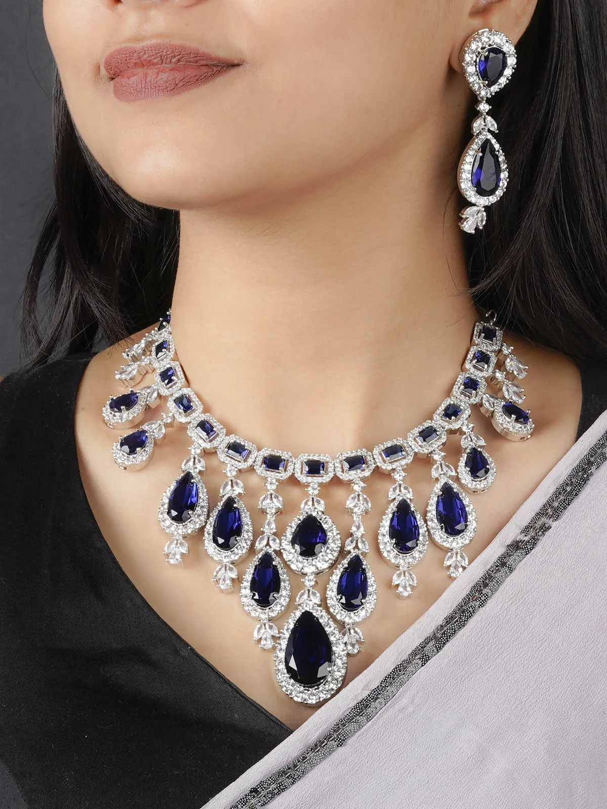 Blue Color Silver Plated Faux Diamond Necklace Set - CZSET315BL