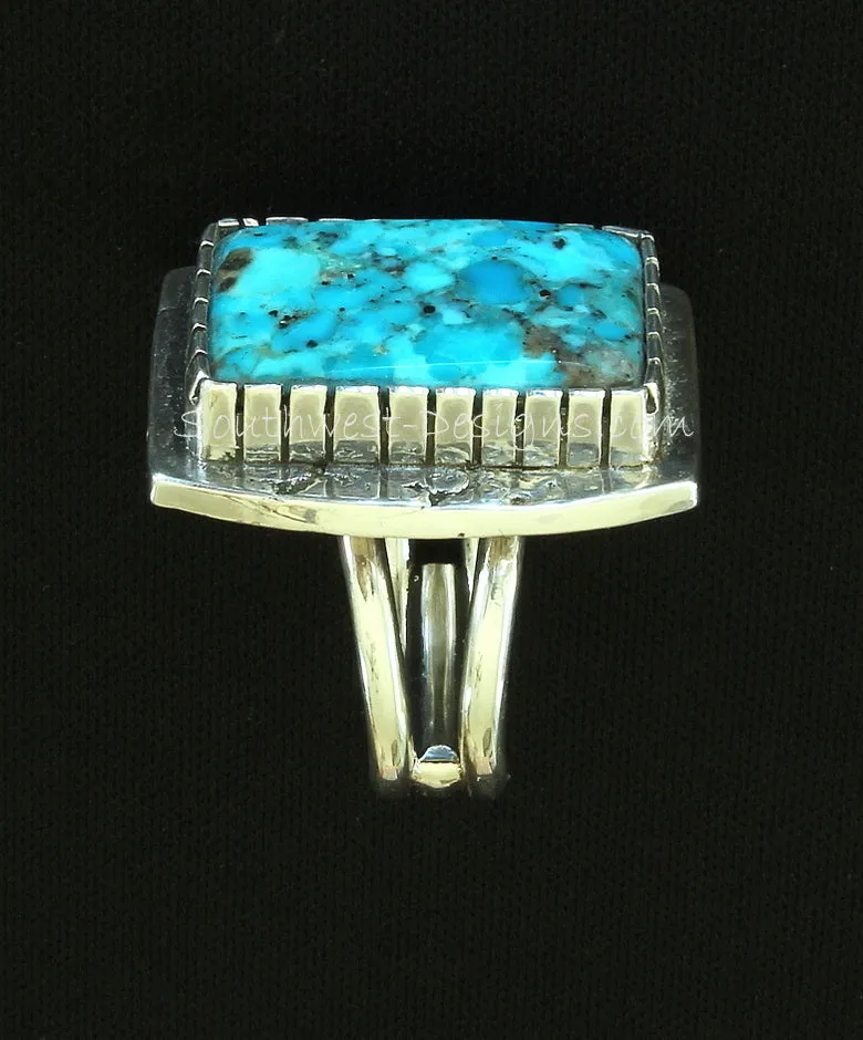 Bonita Blue Turquoise and Textured Sterling Silver Ring with Notched Bezel and 3-Wire Sterling Band