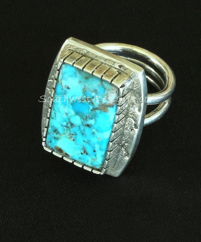 Bonita Blue Turquoise and Textured Sterling Silver Ring with Notched Bezel and 3-Wire Sterling Band