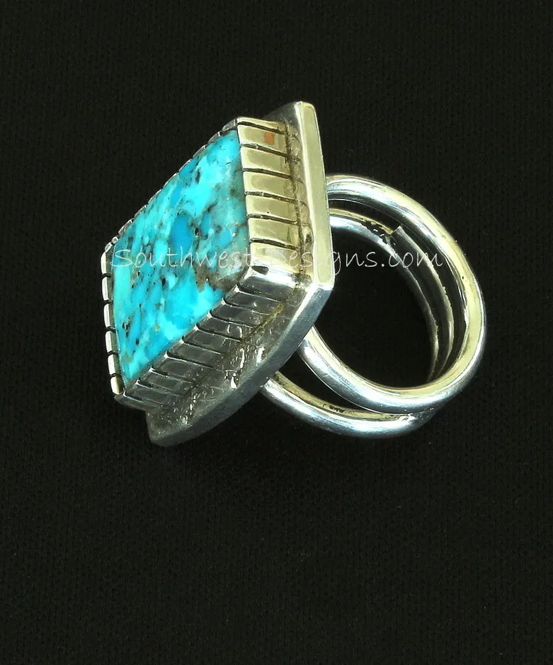 Bonita Blue Turquoise and Textured Sterling Silver Ring with Notched Bezel and 3-Wire Sterling Band