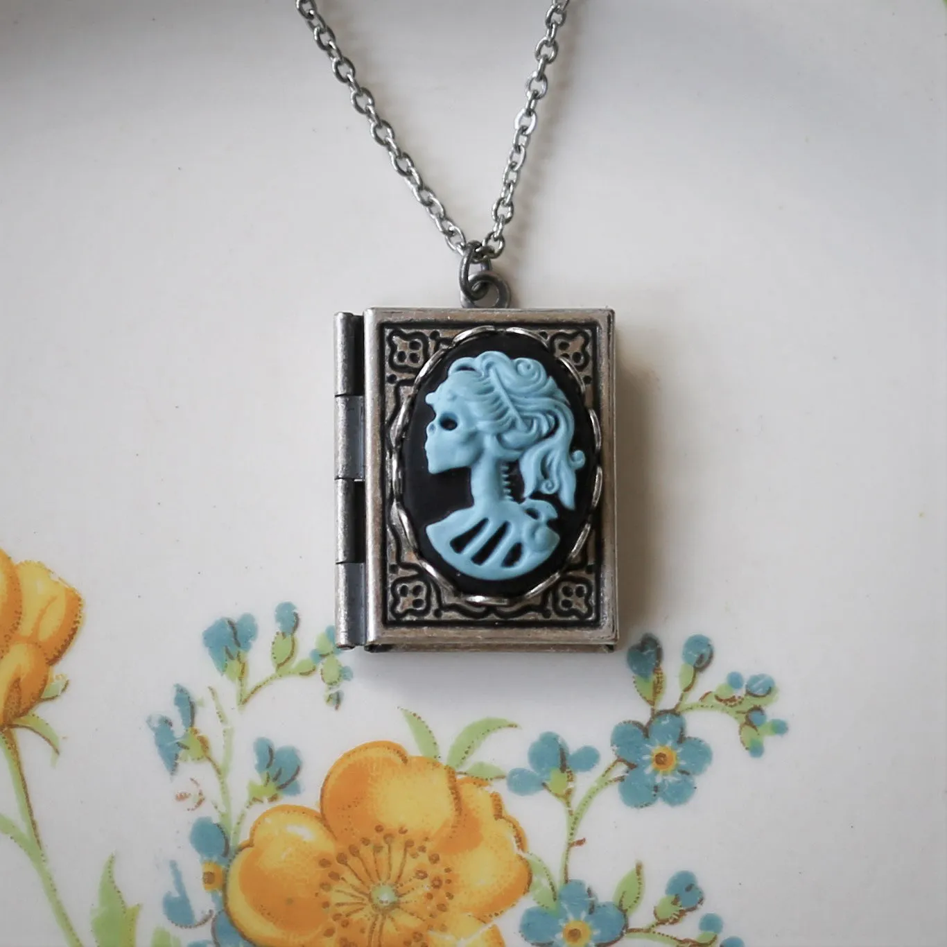 Cameo Book Locket in Antique Silver - Elegant Skeleton Zombie Woman