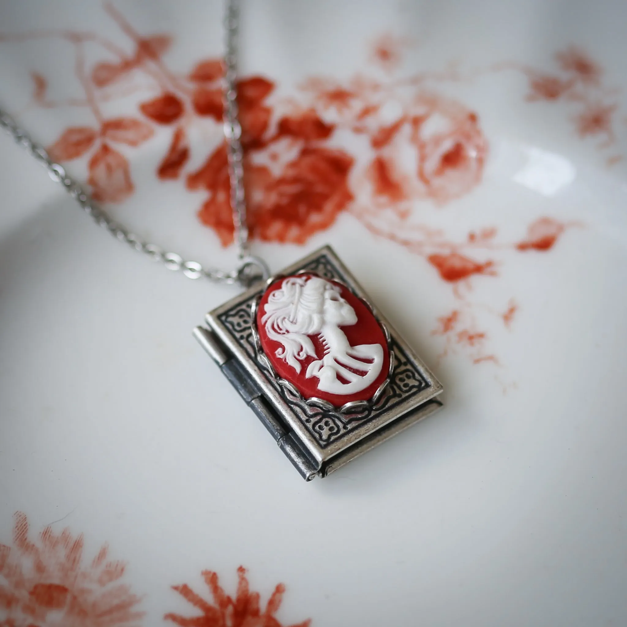 Cameo Book Locket in Antique Silver - Elegant Skeleton Zombie Woman