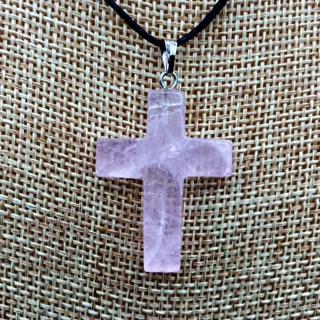 Carved Pink Rose Quartz Cross On Black Cord Necklace