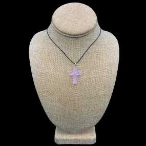 Carved Pink Rose Quartz Cross On Black Cord Necklace