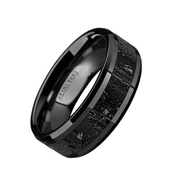 Ceramic Wedding Ring Black & Gray Lava Rock Stone Inlay Beveled Polished Finish 6mm & 8mm