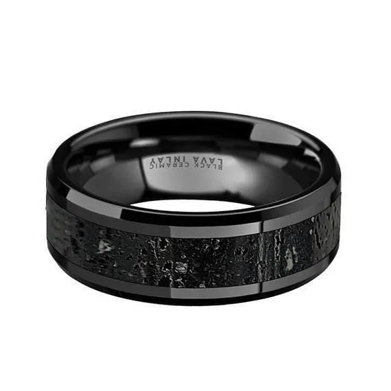 Ceramic Wedding Ring Black & Gray Lava Rock Stone Inlay Beveled Polished Finish 6mm & 8mm