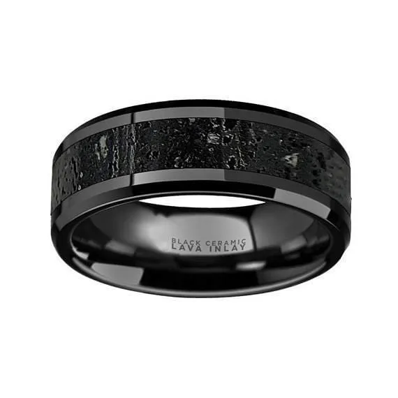 Ceramic Wedding Ring Black & Gray Lava Rock Stone Inlay Beveled Polished Finish 6mm & 8mm