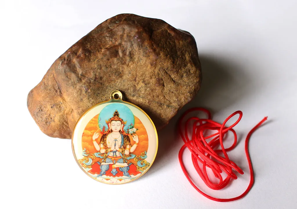 Chenrezig and Mantra Printed Buddhist Pendant