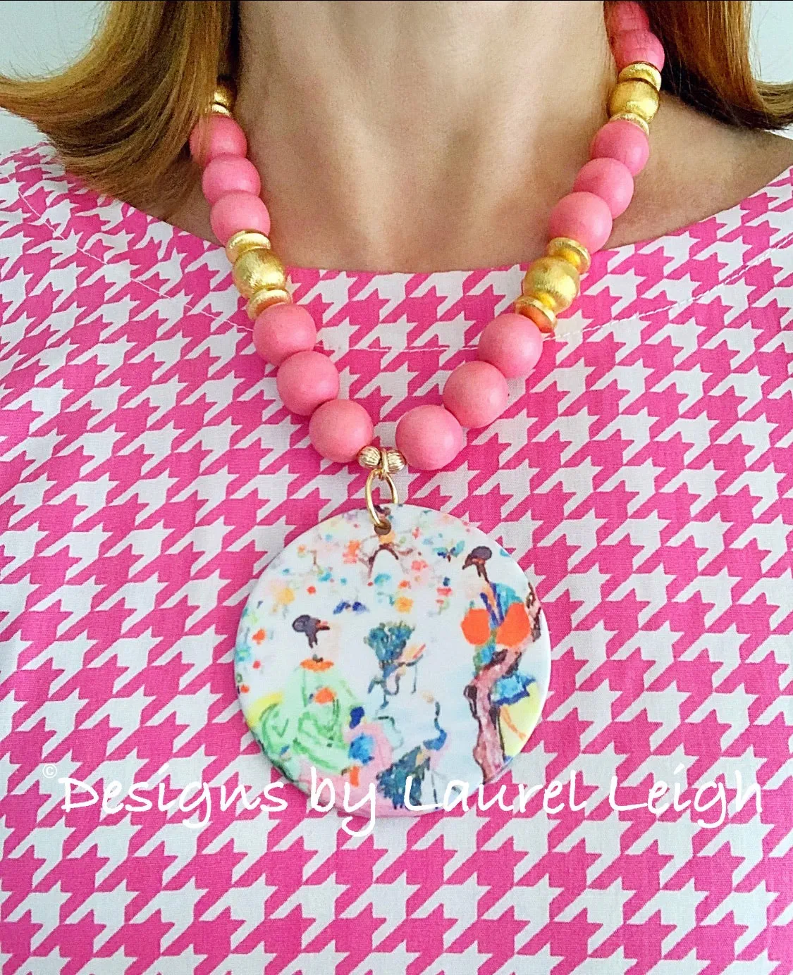 Chinoiserie Pendant Statement Necklace - Bubblegum Pink