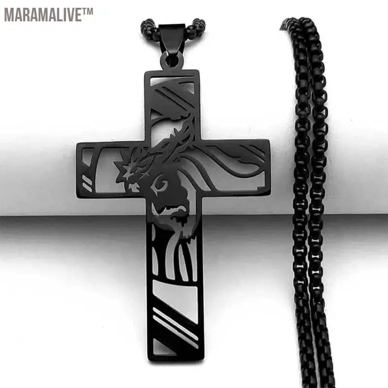 Christ God Cross Jesus Crown of Thorns Chain Necklace Men Stainless Steel Crucifix Necklace  Jewelry colar masculino N8051S02