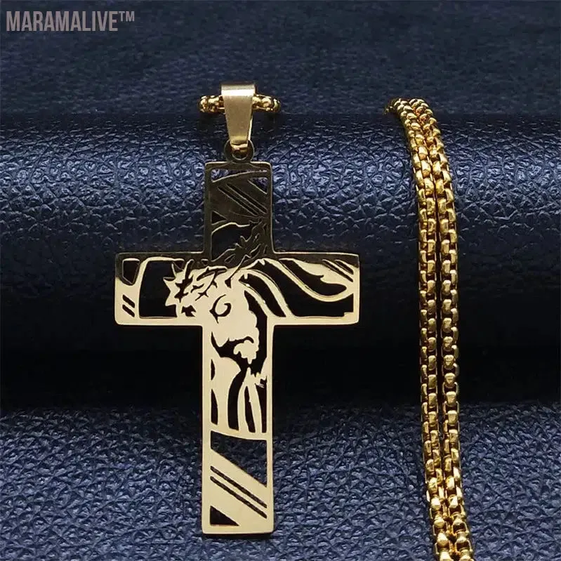 Christ God Cross Jesus Crown of Thorns Chain Necklace Men Stainless Steel Crucifix Necklace  Jewelry colar masculino N8051S02