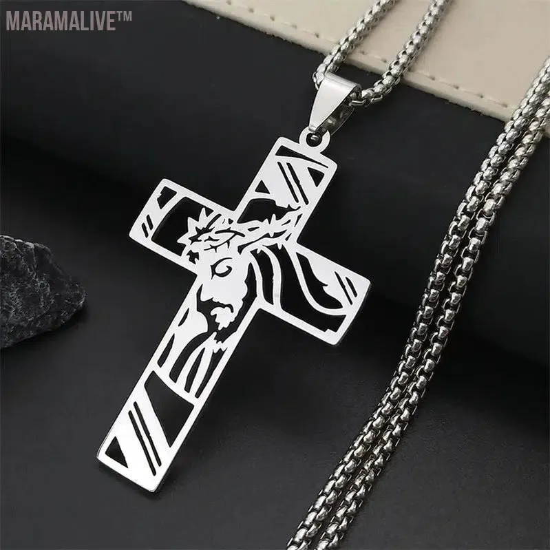 Christ God Cross Jesus Crown of Thorns Chain Necklace Men Stainless Steel Crucifix Necklace  Jewelry colar masculino N8051S02