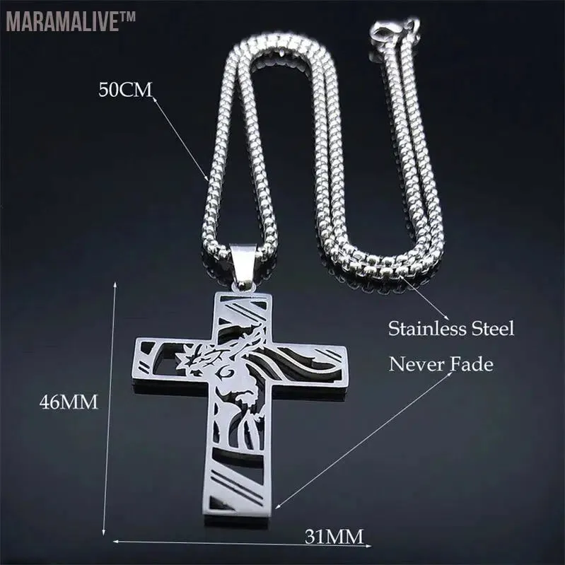 Christ God Cross Jesus Crown of Thorns Chain Necklace Men Stainless Steel Crucifix Necklace  Jewelry colar masculino N8051S02