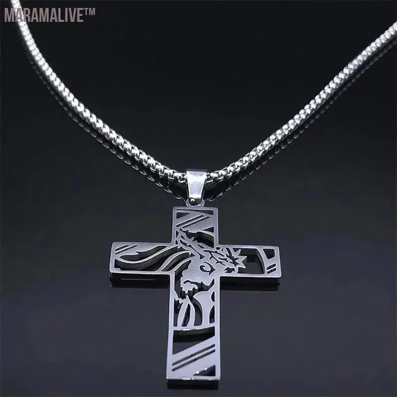 Christ God Cross Jesus Crown of Thorns Chain Necklace Men Stainless Steel Crucifix Necklace  Jewelry colar masculino N8051S02