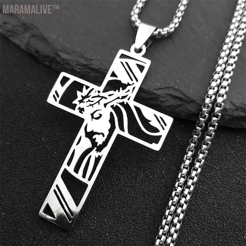 Christ God Cross Jesus Crown of Thorns Chain Necklace Men Stainless Steel Crucifix Necklace  Jewelry colar masculino N8051S02