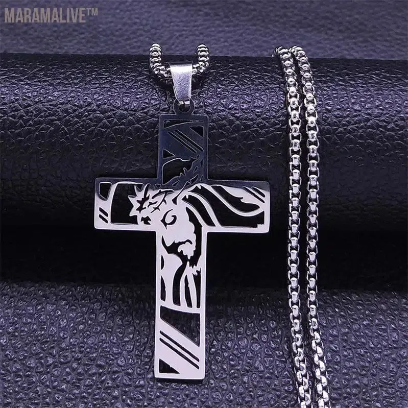 Christ God Cross Jesus Crown of Thorns Chain Necklace Men Stainless Steel Crucifix Necklace  Jewelry colar masculino N8051S02