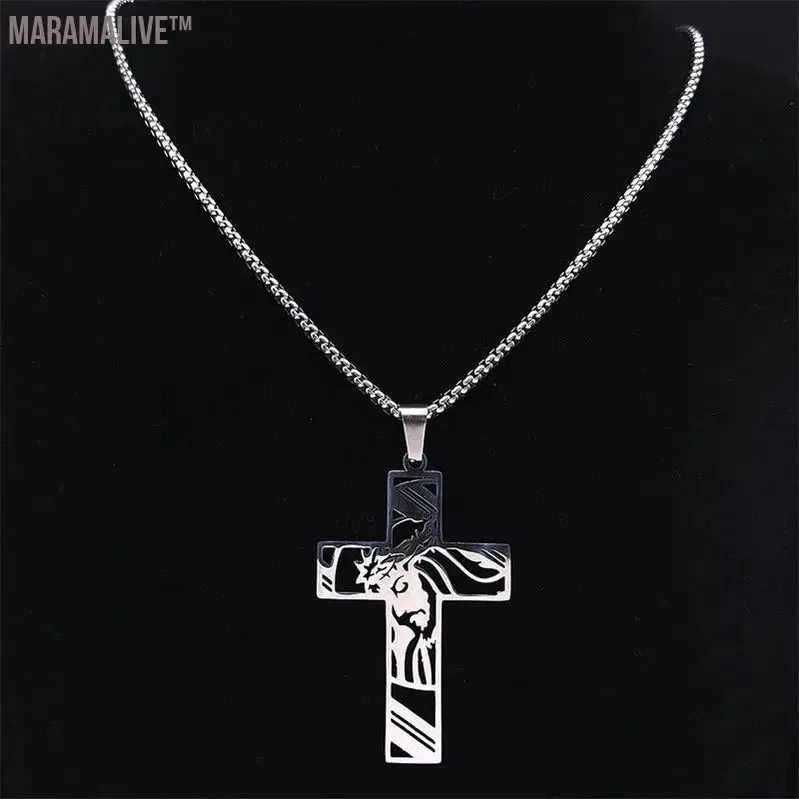 Christ God Cross Jesus Crown of Thorns Chain Necklace Men Stainless Steel Crucifix Necklace  Jewelry colar masculino N8051S02