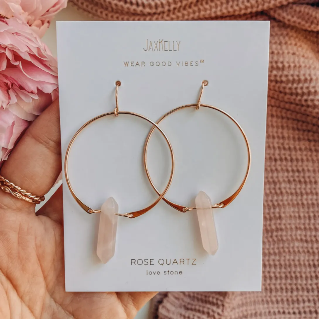 Circle Hoop Earrings With Double Pointed Rose Quartz