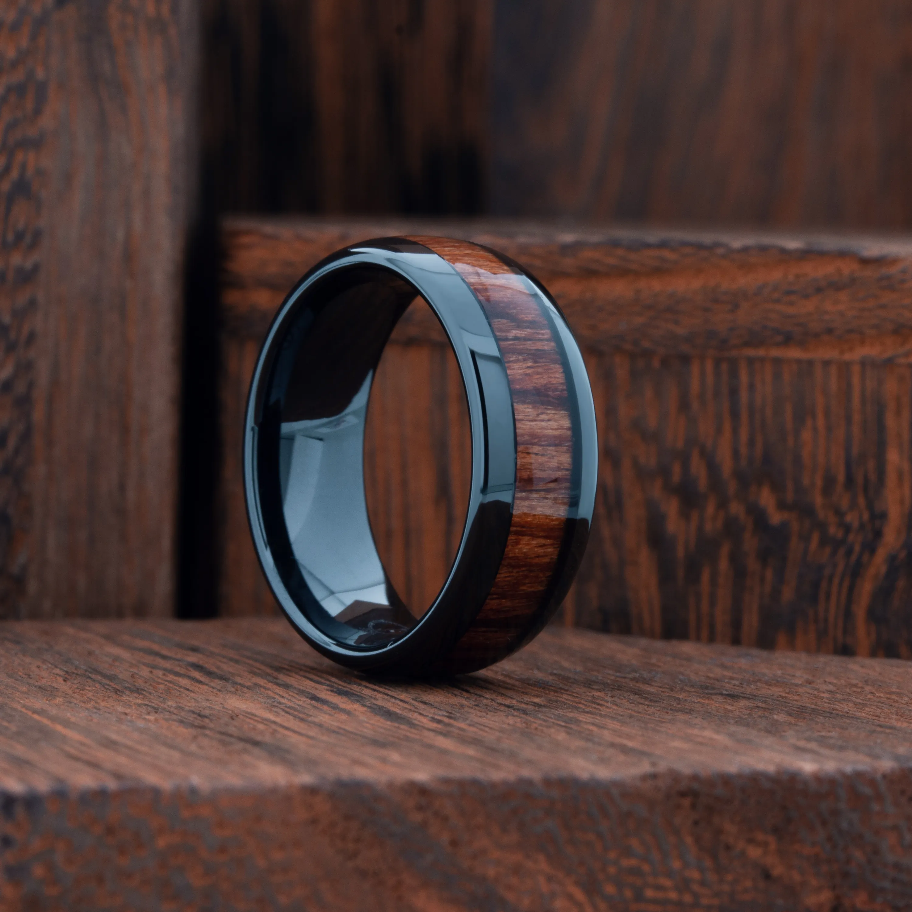 Classic Black - Polished Zirconium Wooden Ring (8mm Width)