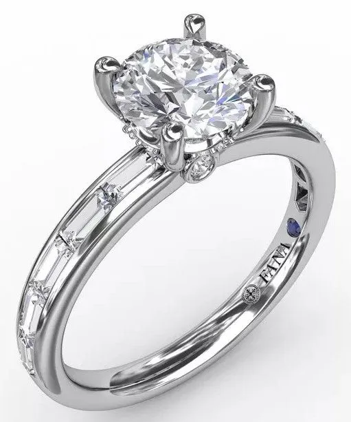 Classic Round Diamond Solitaire Engagement Ring with Baguette Diamond Shank