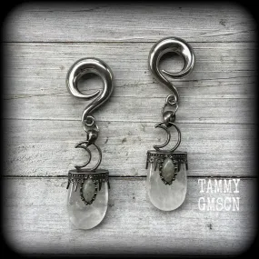 Clear quartz and labradorite ear hangers-Gauged earrings