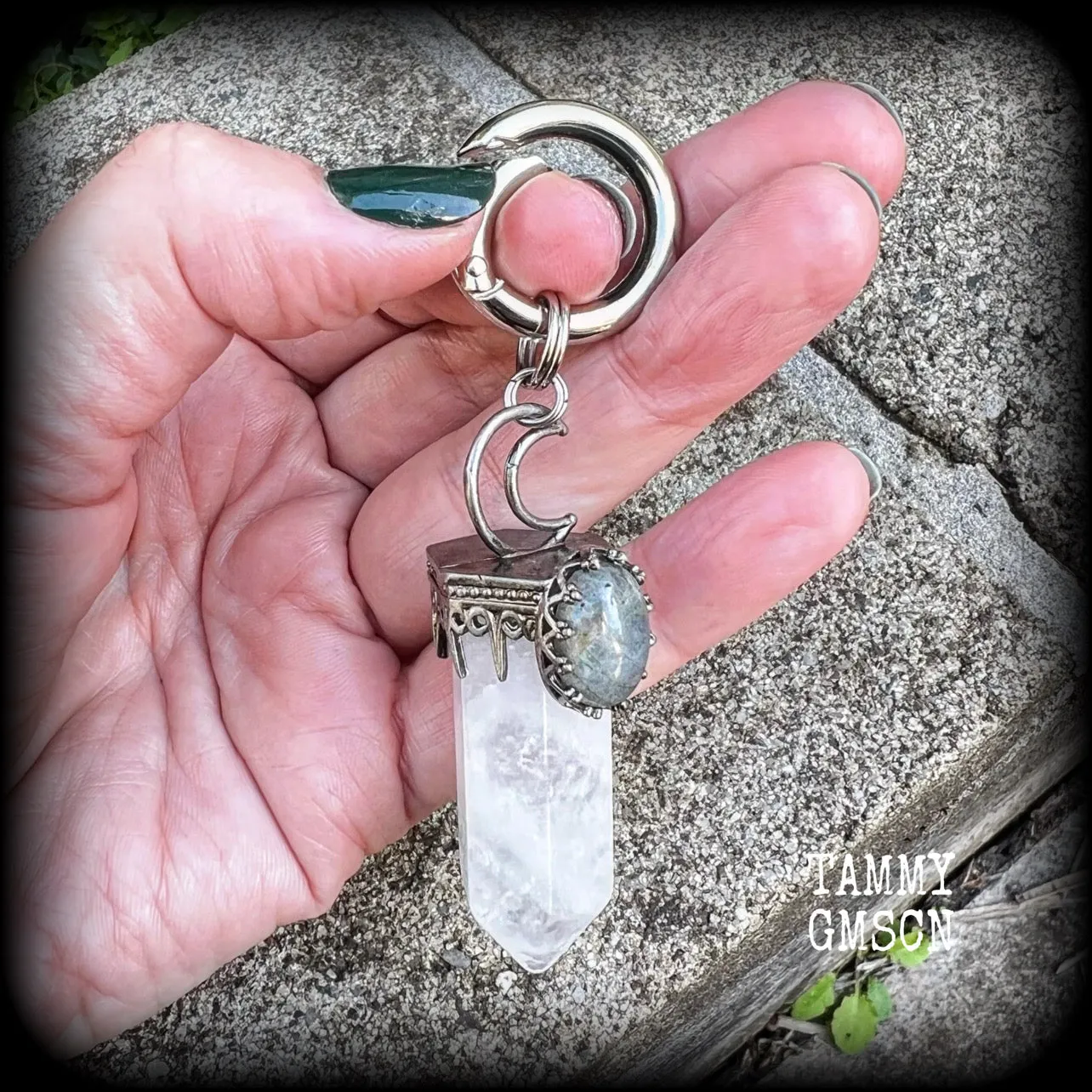 Clear quartz and labradorite ear weights-Gemstone ear hangers