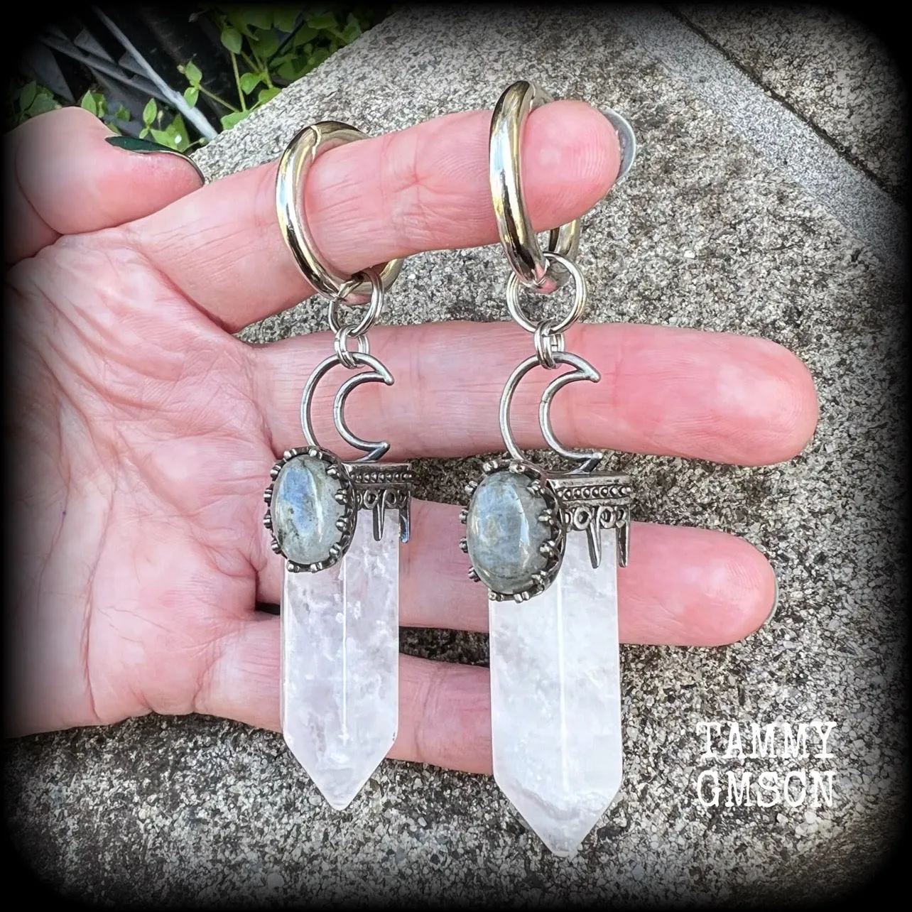 Clear quartz and labradorite ear weights-Gemstone ear hangers