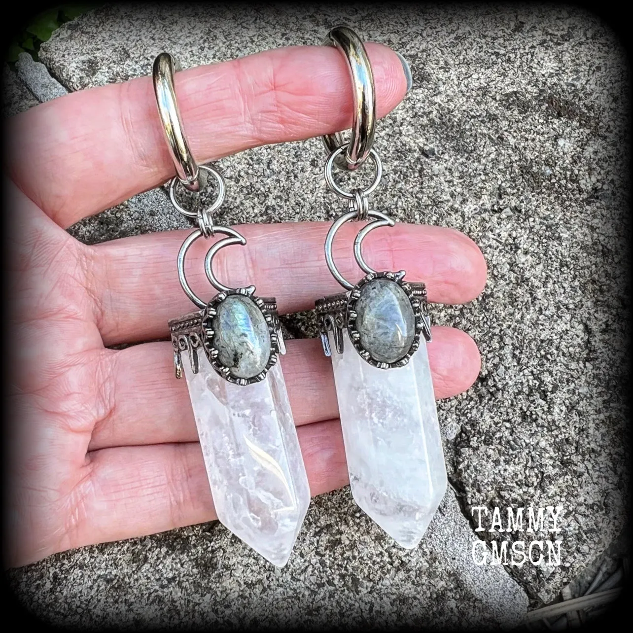 Clear quartz and labradorite ear weights-Gemstone ear hangers