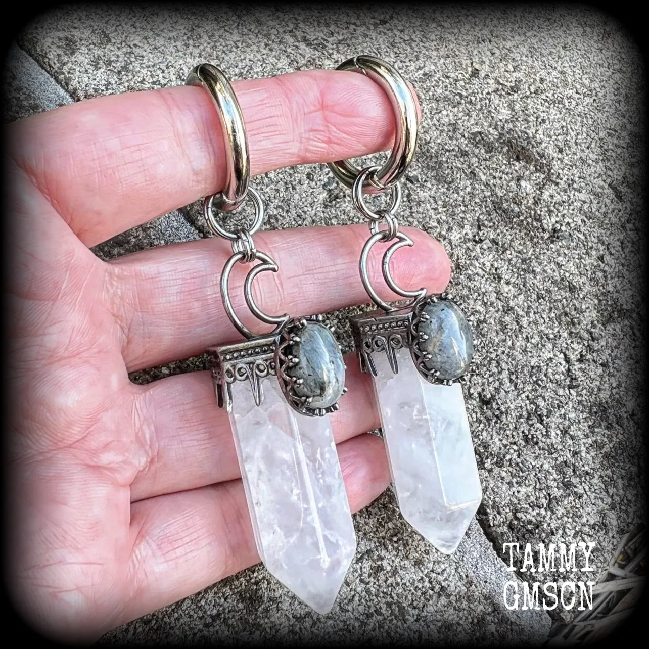 Clear quartz and labradorite ear weights-Gemstone ear hangers