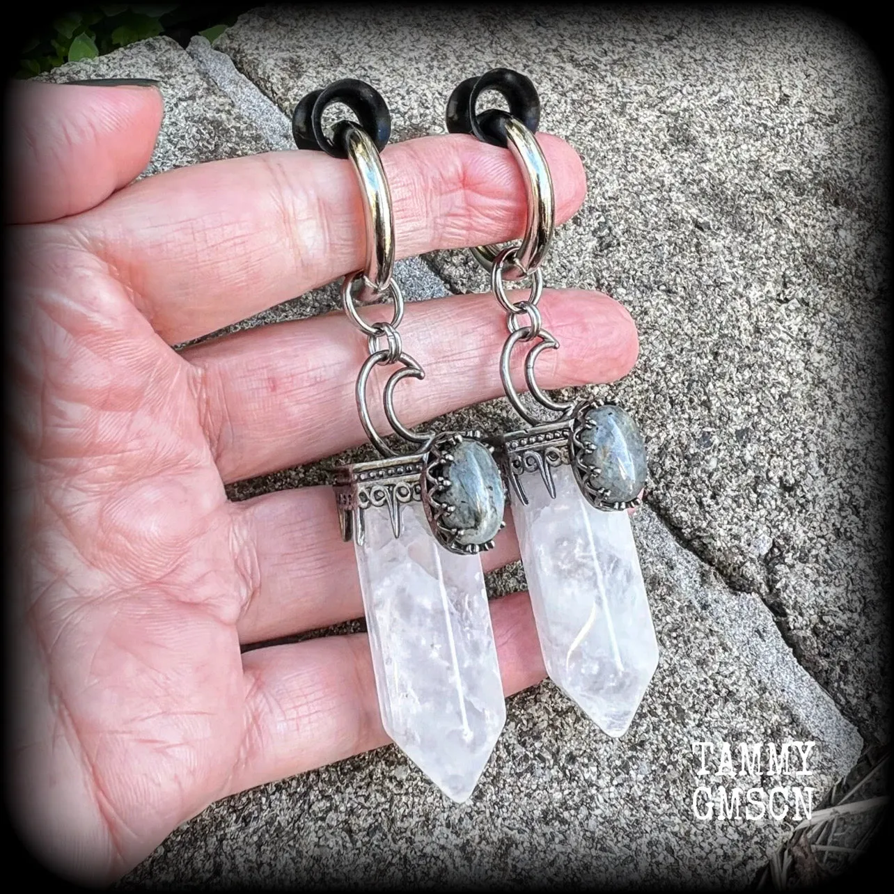 Clear quartz and labradorite ear weights-Gemstone ear hangers