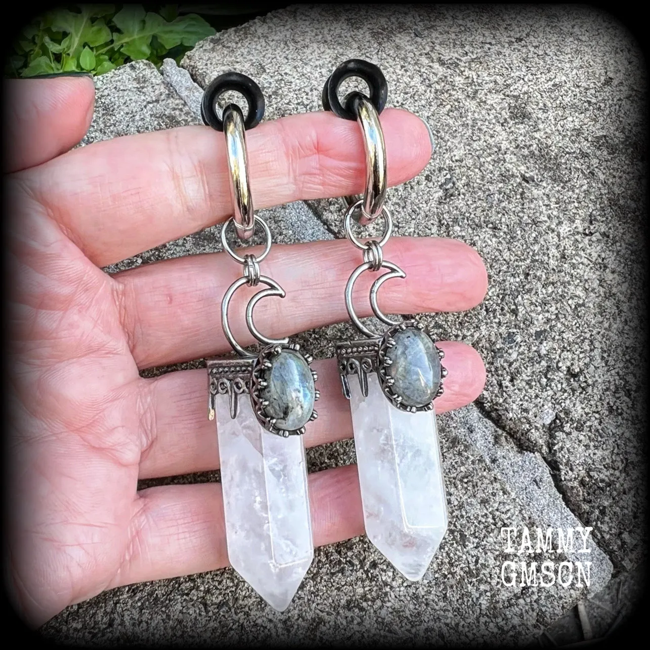 Clear quartz and labradorite ear weights-Gemstone ear hangers