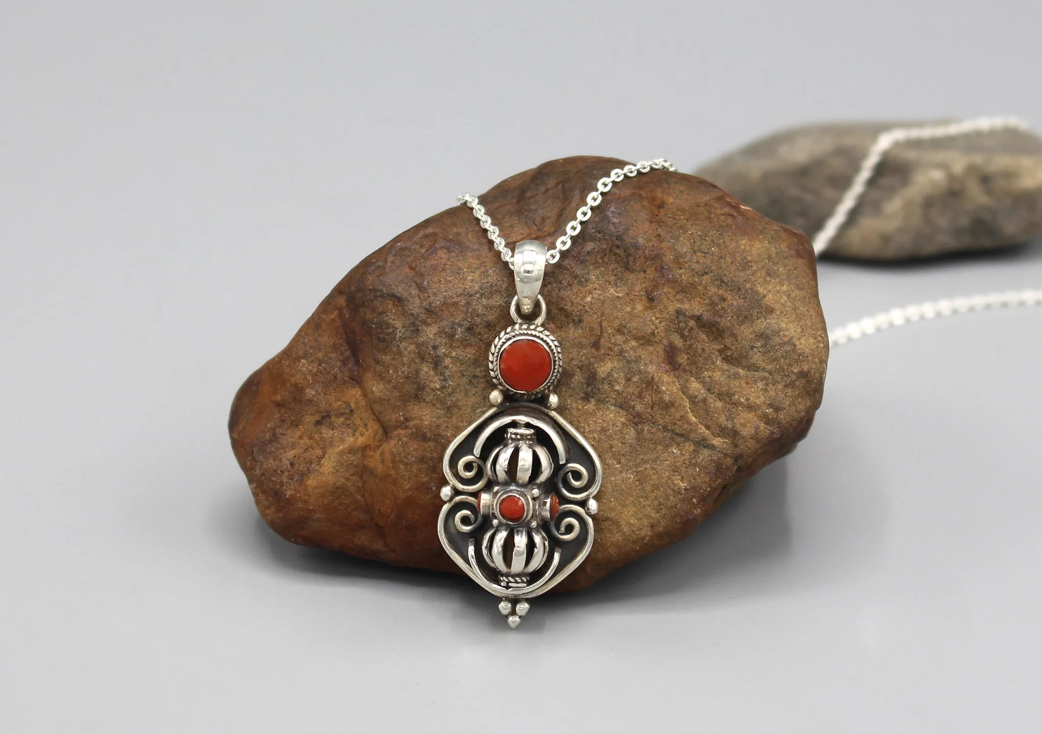 Coral Inlaid Spinning Dorjee Silver Sterling Pendant