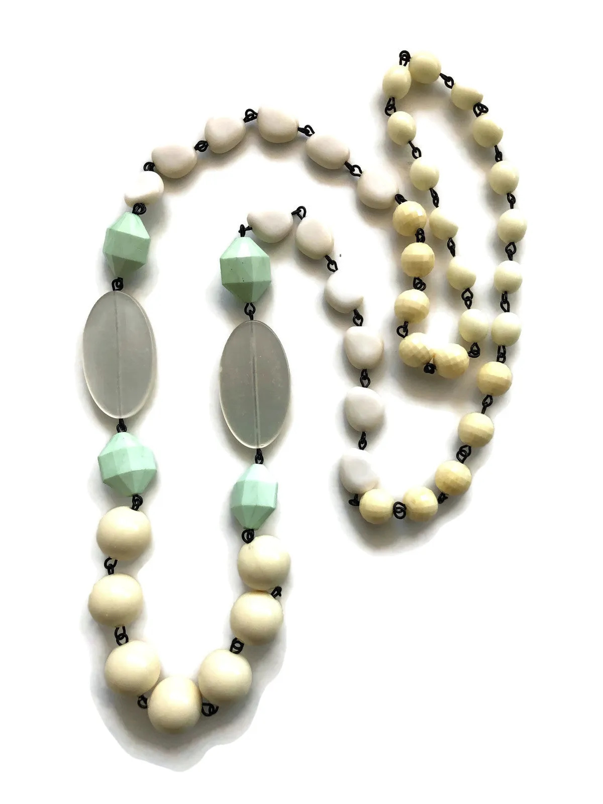 Cream & Mint Green Rosary Chain Rope Necklace