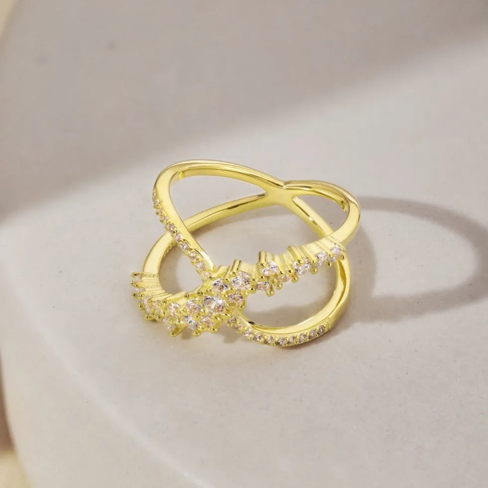 Crystal Criss Cross Band Crossover Ring - Gold