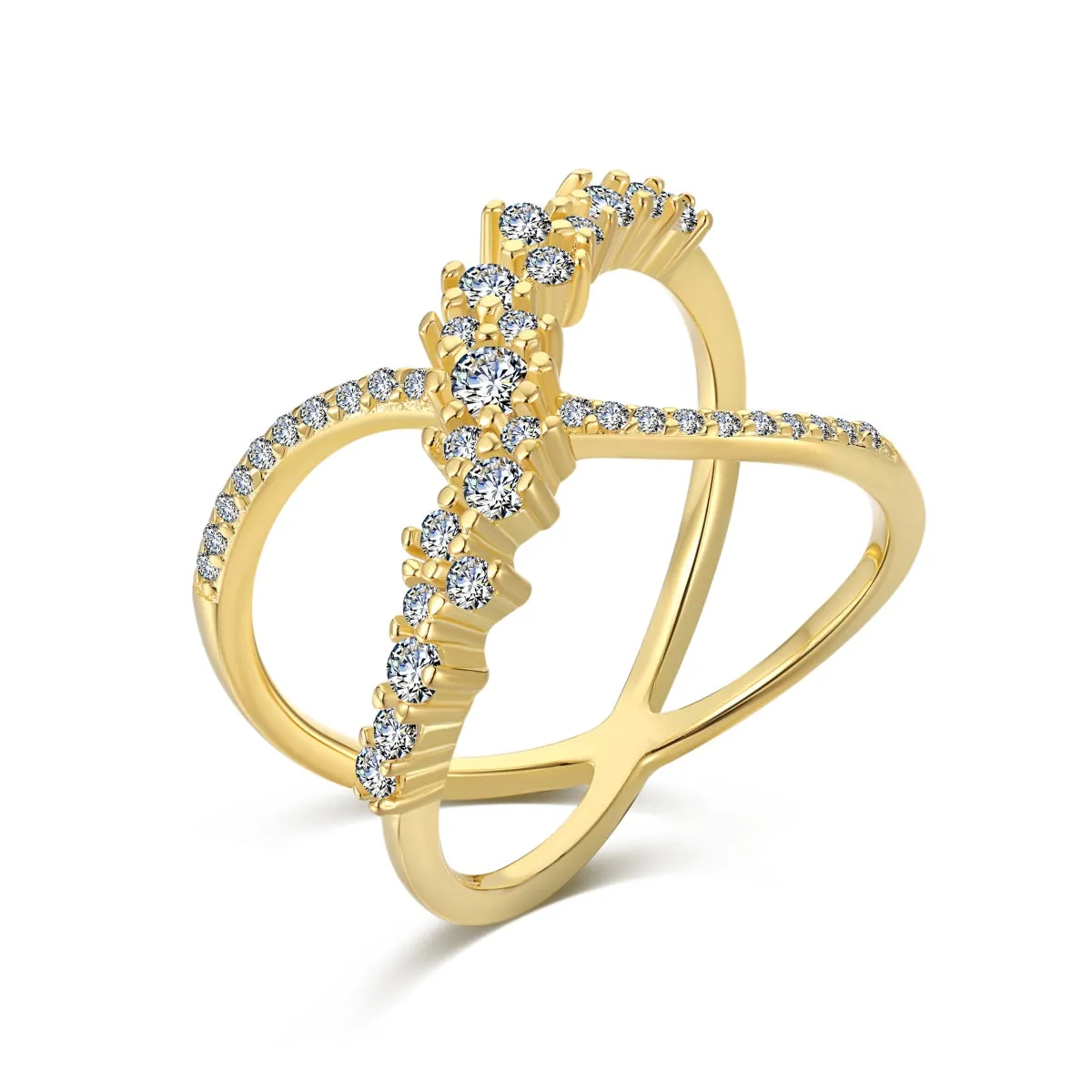 Crystal Criss Cross Band Crossover Ring - Gold